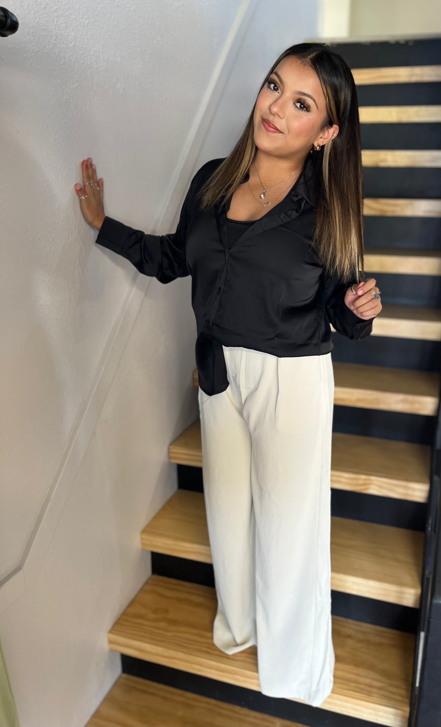 Satin black button up