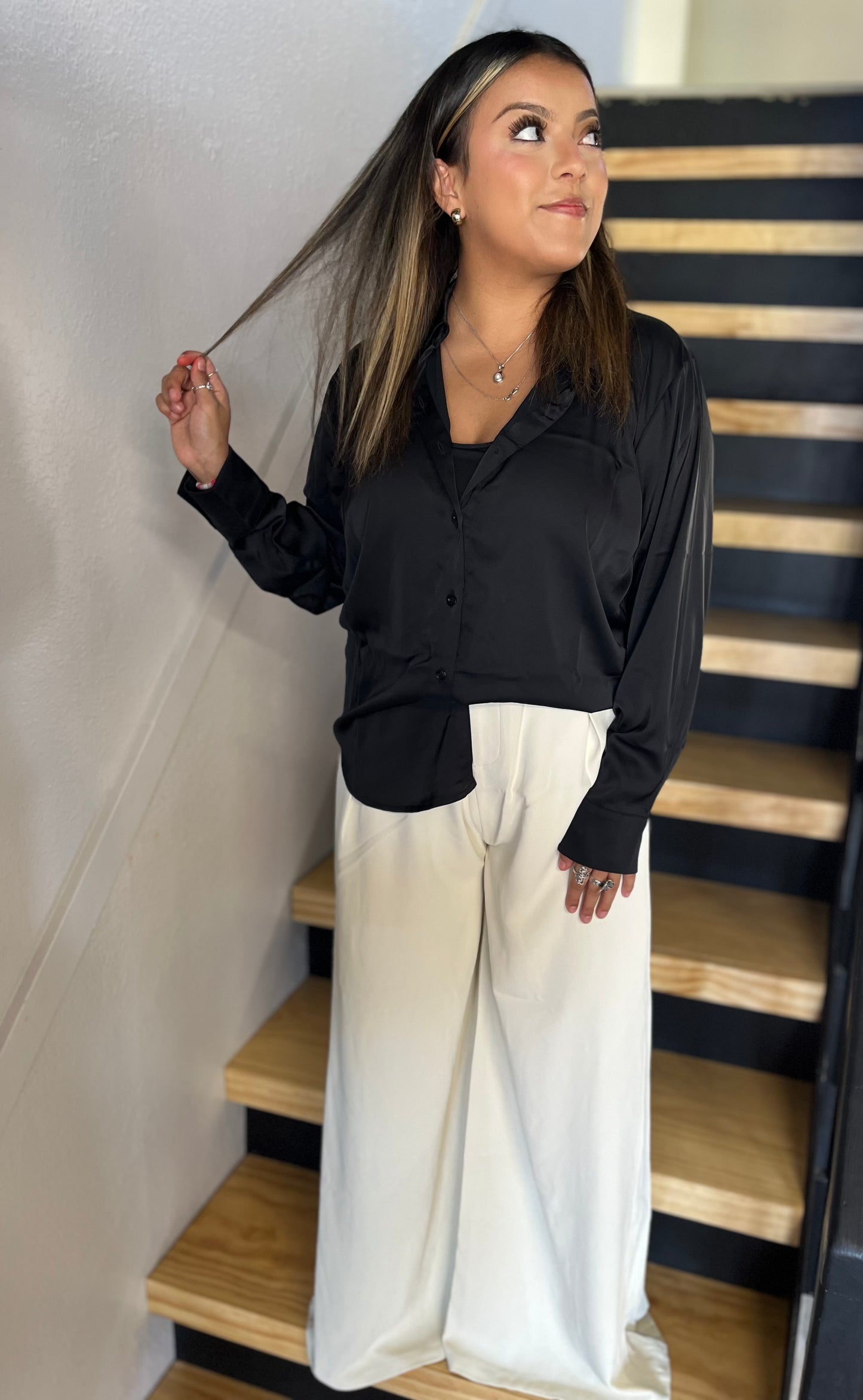 Satin black button up