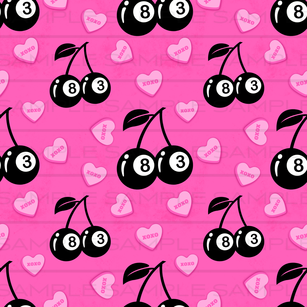 Seamless Pattern Download - 8 Ball Cherries + Candy Hearts