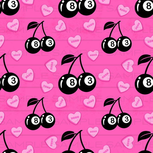 Seamless Pattern Download - 8 Ball Cherries + Candy Hearts