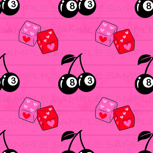 Seamless Pattern Download - 8 Ball Cherries + Heart Dice